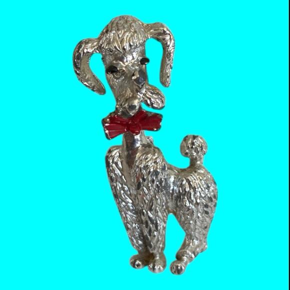 Vintage Silver Tone Poodle Dog With Red Bow Tie Brooch Pin 1.25” Tall - Picture 1 of 8